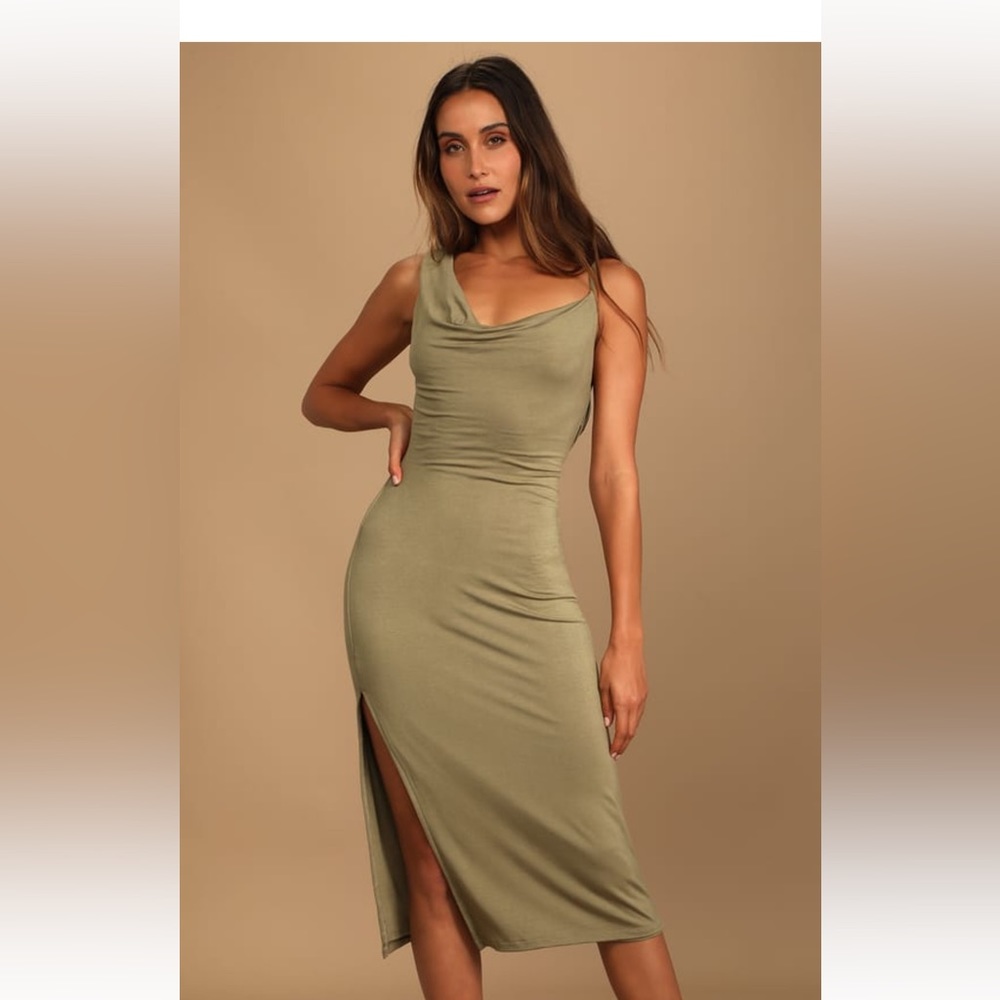 Lulus my best side olive green asymmetrical cowl neck midi dress